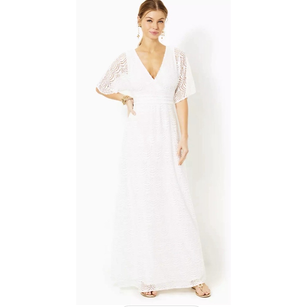 Lilly Pulitzer Parigi Elbow Sleeve Maxi Dress Resort White Scalloped Shell Sz S